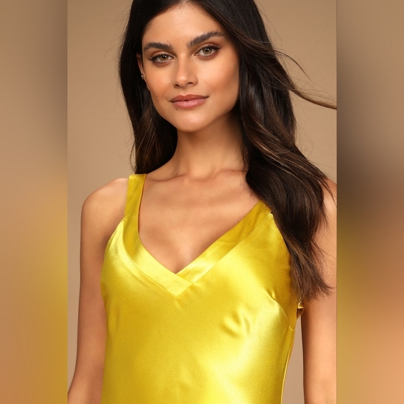 Lulus Perfectly Classy Yellow Satin Strappy Maxi Dress Wedding Party Formal - Picture 4 of 9